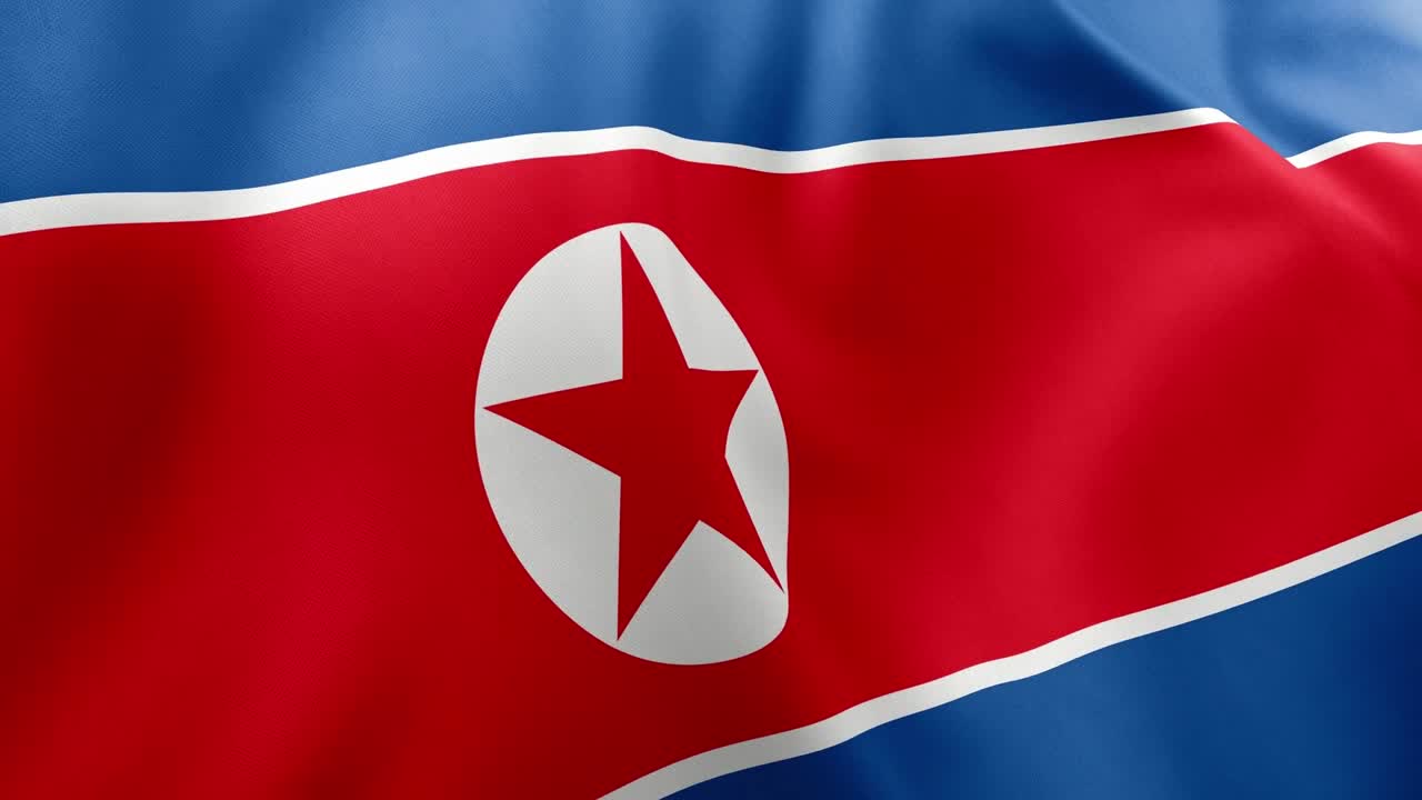 Realistic waving flag of North Korea, blue, white, red stripes, red star in white disc. East Asian nation symbol, Pyongyang, DPRK, North Korea