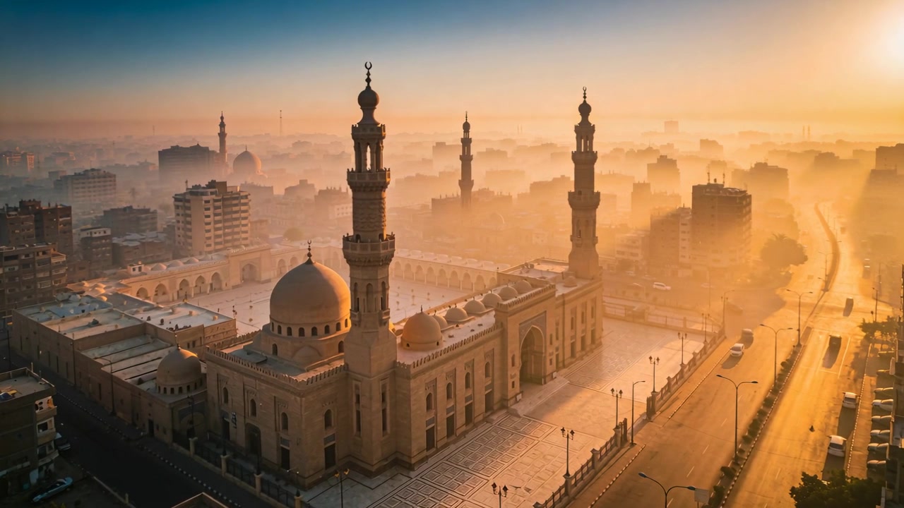 Drone in volo stazionario che riprende una moschea all'alba, il sole che rischiara la nebbia e rivela i contorni dorati della strada.