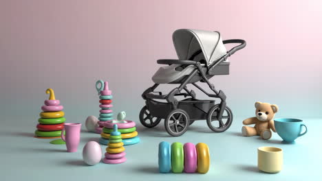 baby stroller and colorful stacking toys with a teddy bear