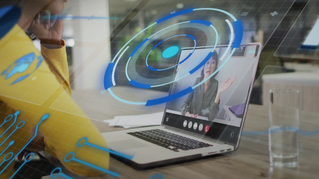 Woman yellow coat listening while laptop host speaking causing HUD expanding over host for business