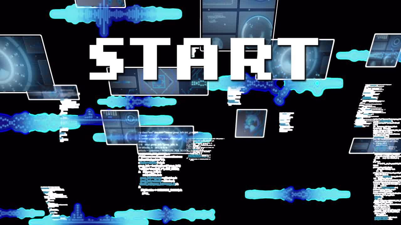 Animation of start in digital abstract space with screens