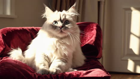 fluffy white cat with blue eyes relaxing on a red velvet chair