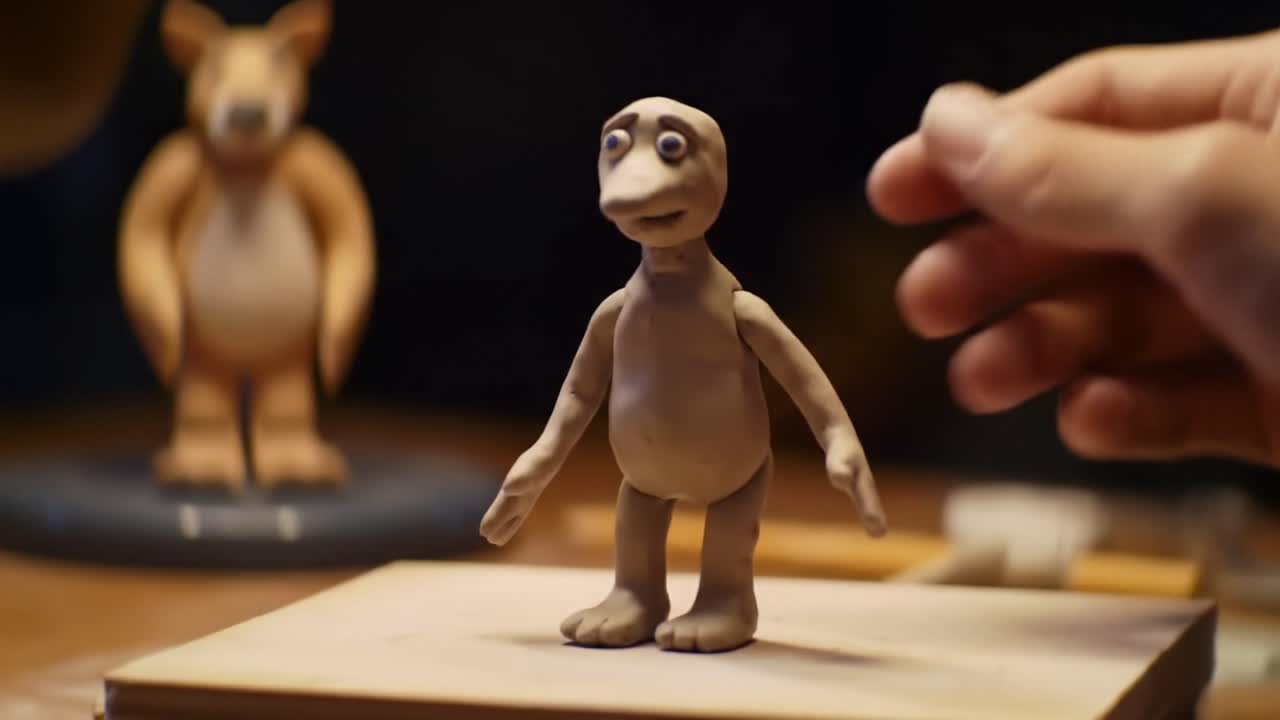 An Artist’s Journey: Crafting a Unique Clay Puppet Through Detailed Manipulation and Creative Expression in a Dimly Lit Studio Setting