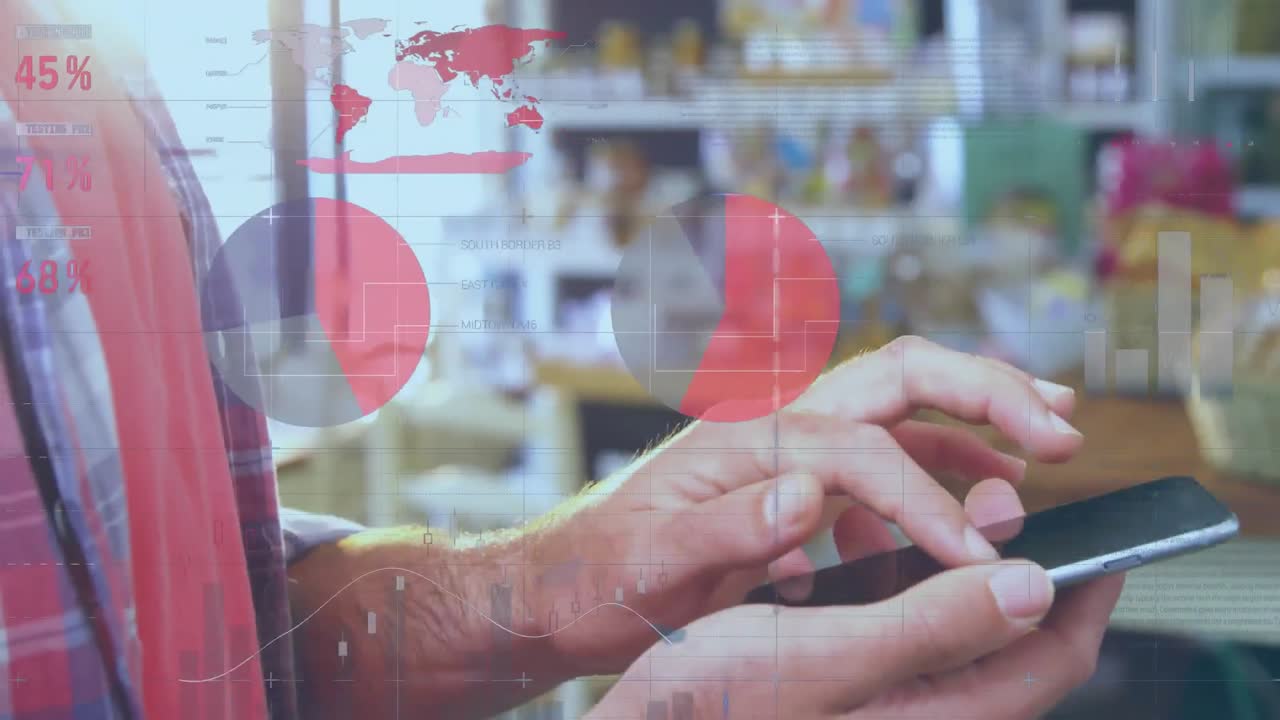 카페에서 디지털 태블릿을 사용하는 남자의 중간 섹션에 대한 통계 데이터 처리 애니메이션