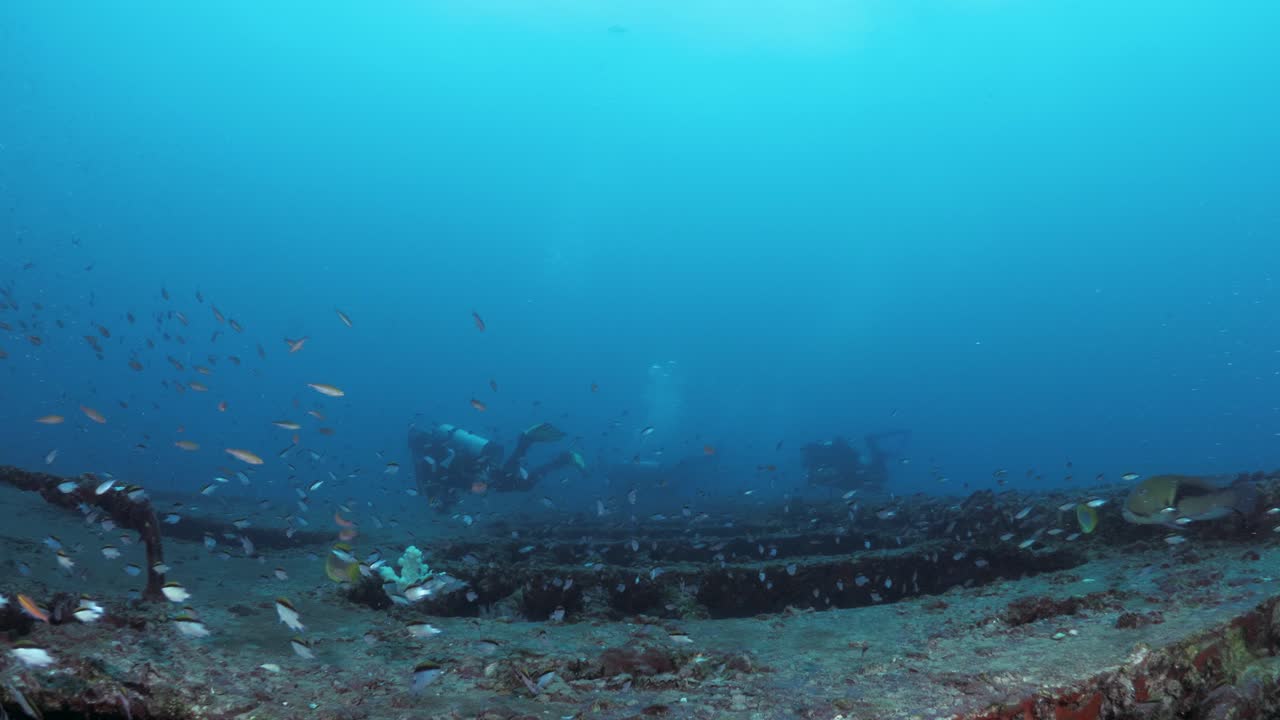 Underwater view of scuba divers exploring a colourful artificial reef of a sunken shipwreck teeming with schools of fish and tropical blue water