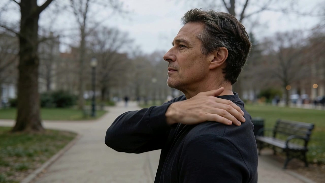 Posizionando la mano sinistra, un uomo con un maglione scuro si strofina la spalla destra su un sentiero del parco per alleviare la tensione