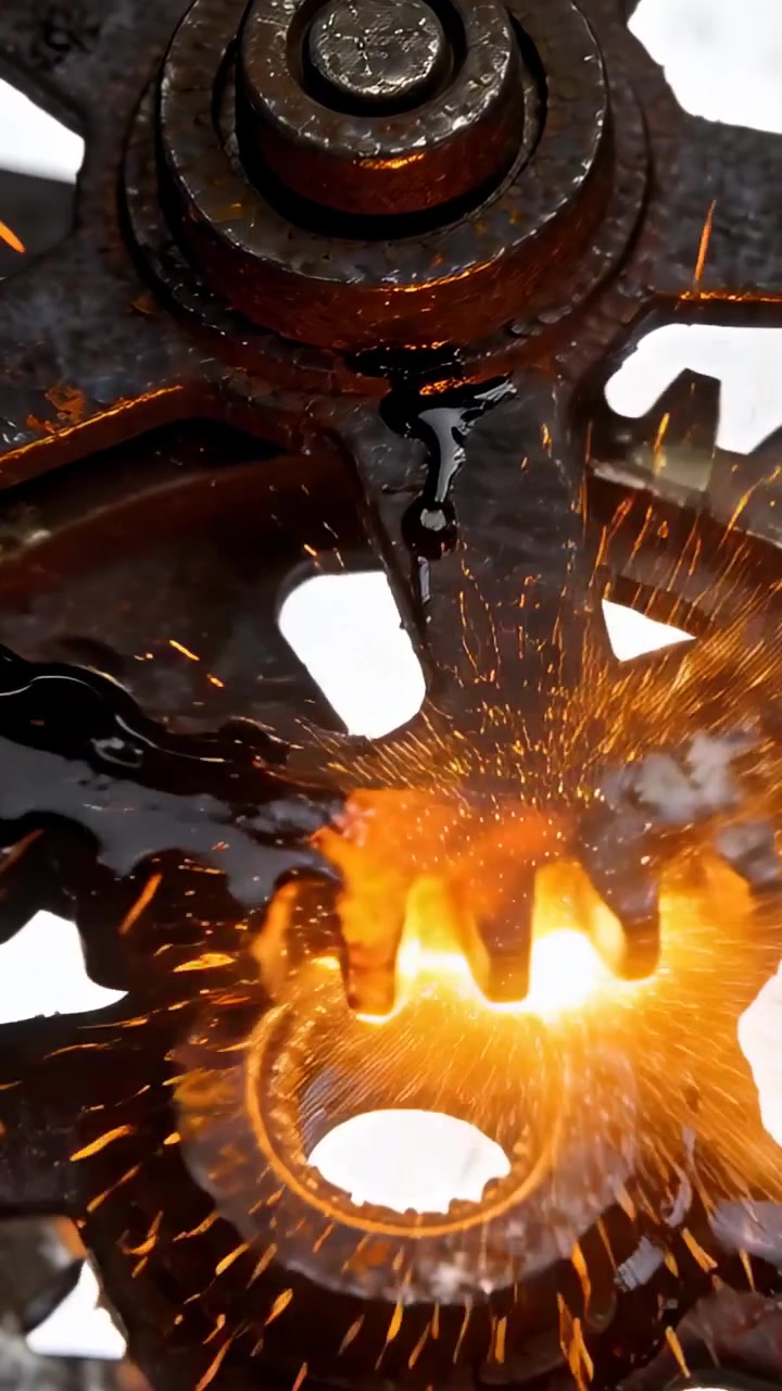 Vertical video: Igniting from spark on oil, paired gears spouting flame, sparks, droplets in studio