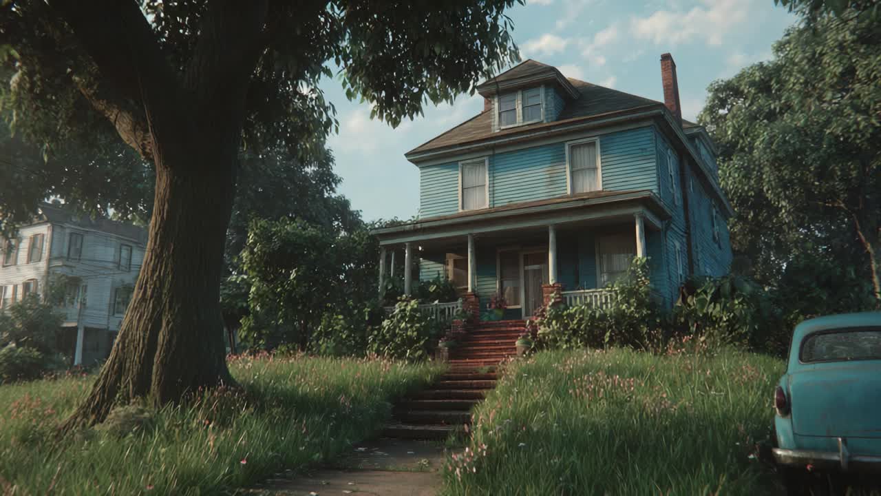A beautiful vintage house surrounded by lush greenery and vibrant flowers, showcasing its charming architecture and inviting steps, creating a serene atmosphere