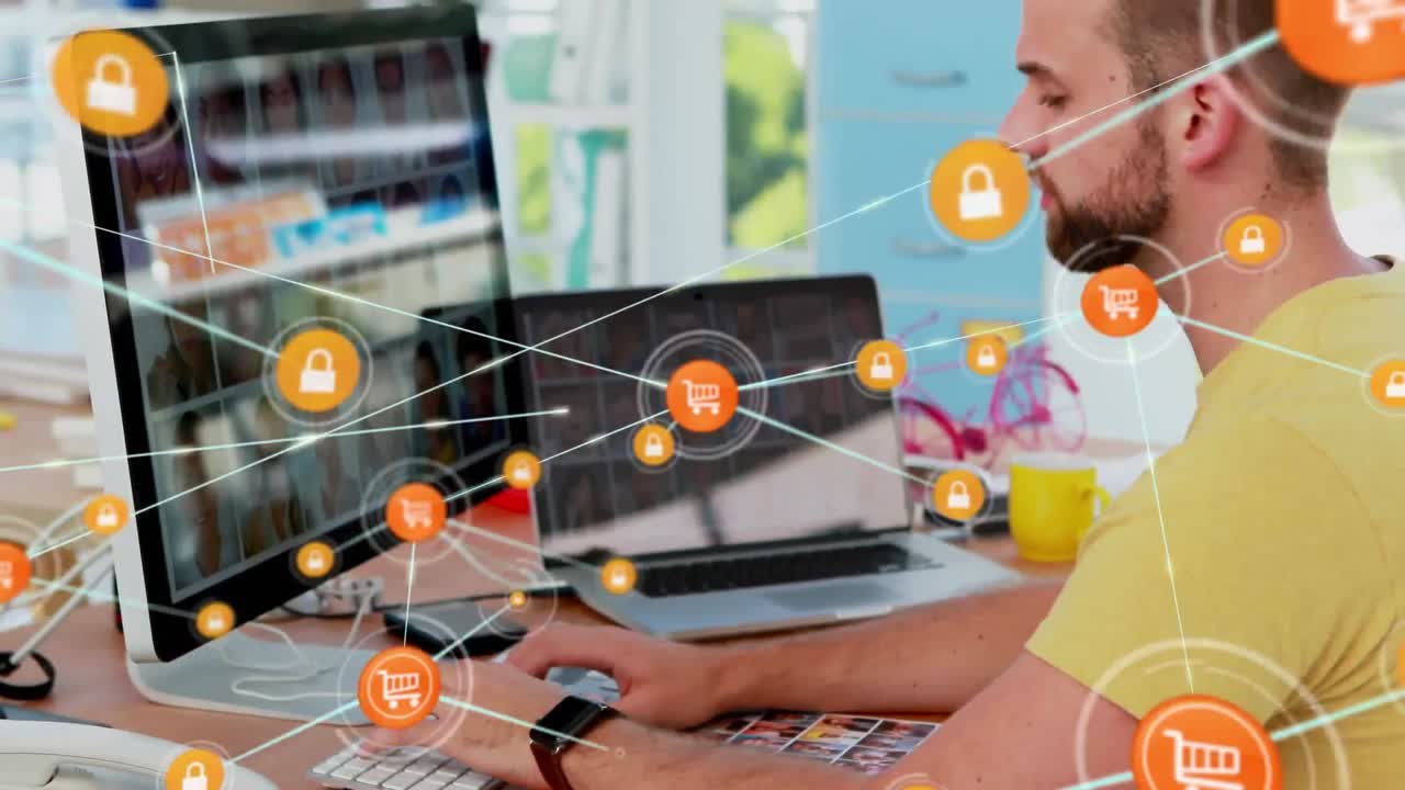 animación de la red de conexiones con iconos sobre el hombre de negocios utilizando la computadora