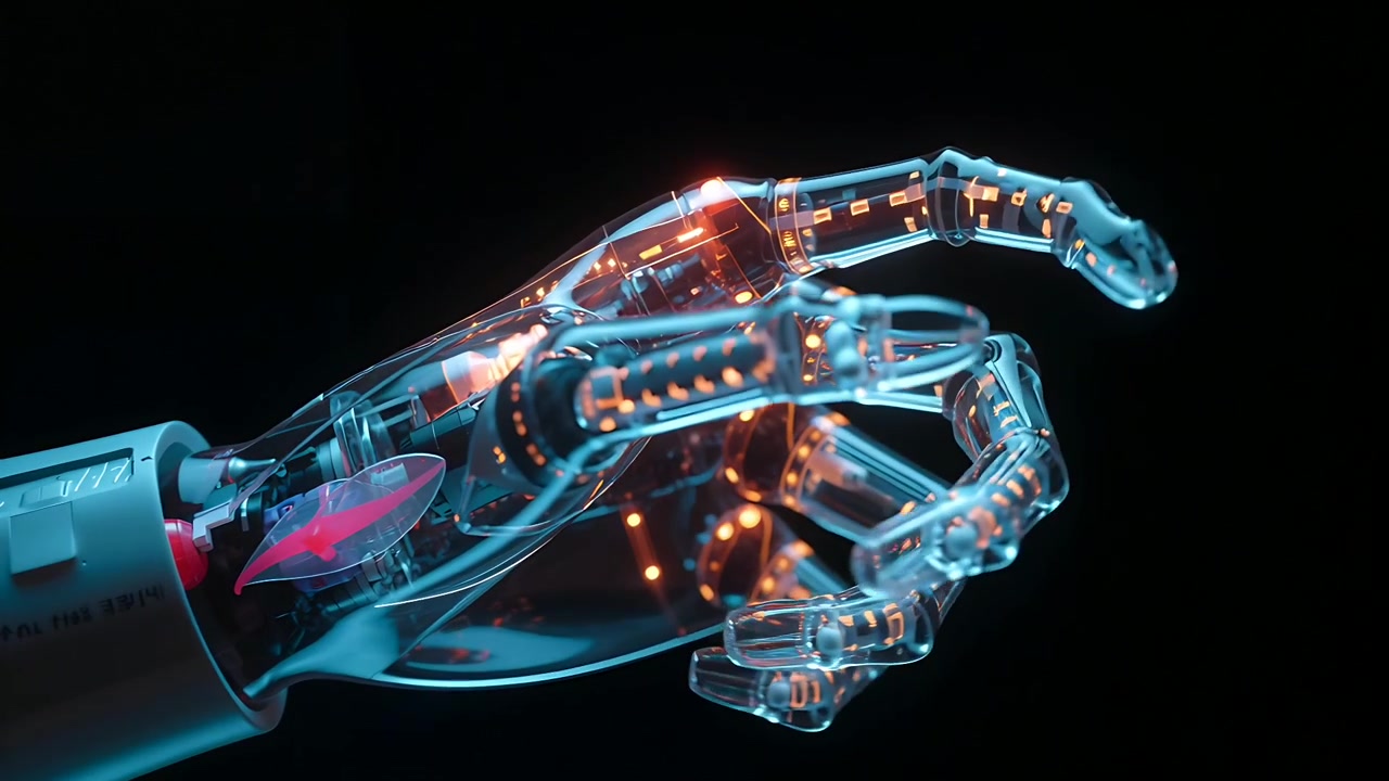 Powering clear robotic prosthetic hand, curling fingers and demonstrating LEDs in studio close-up