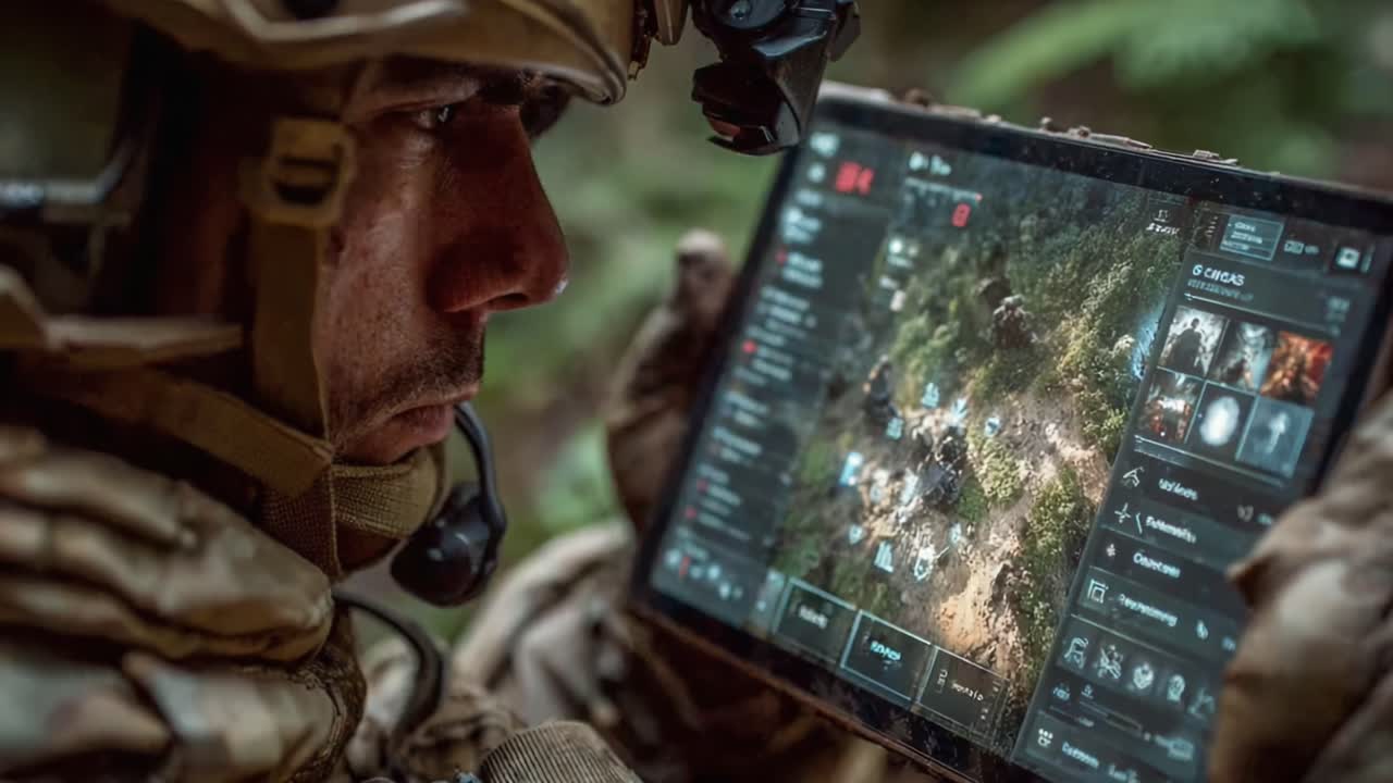 Soldier Analyzing Tactical Data on a Tablet in a Dense Forest Environment for Strategic Planning and Coordination in Operations