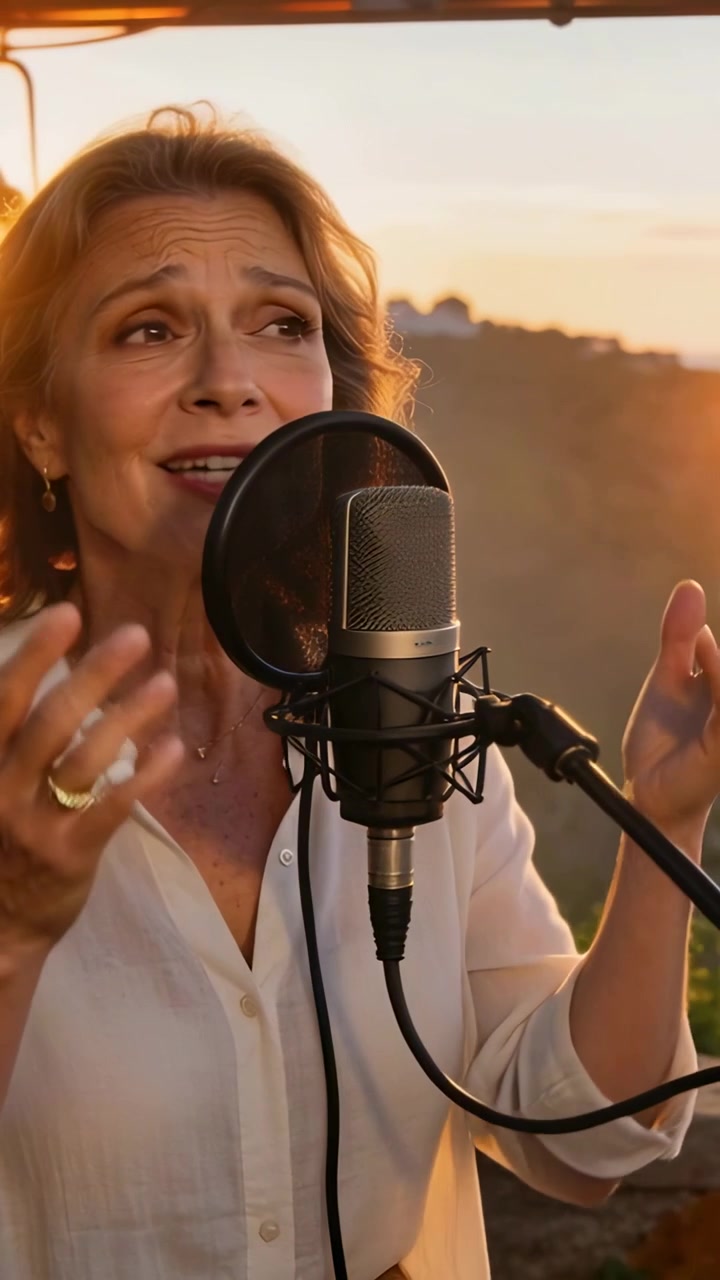 Video verticale: Cantante che intona la prima frase, modellando le vocali con la massima cura, in studio con microfono a condensatore per registrare