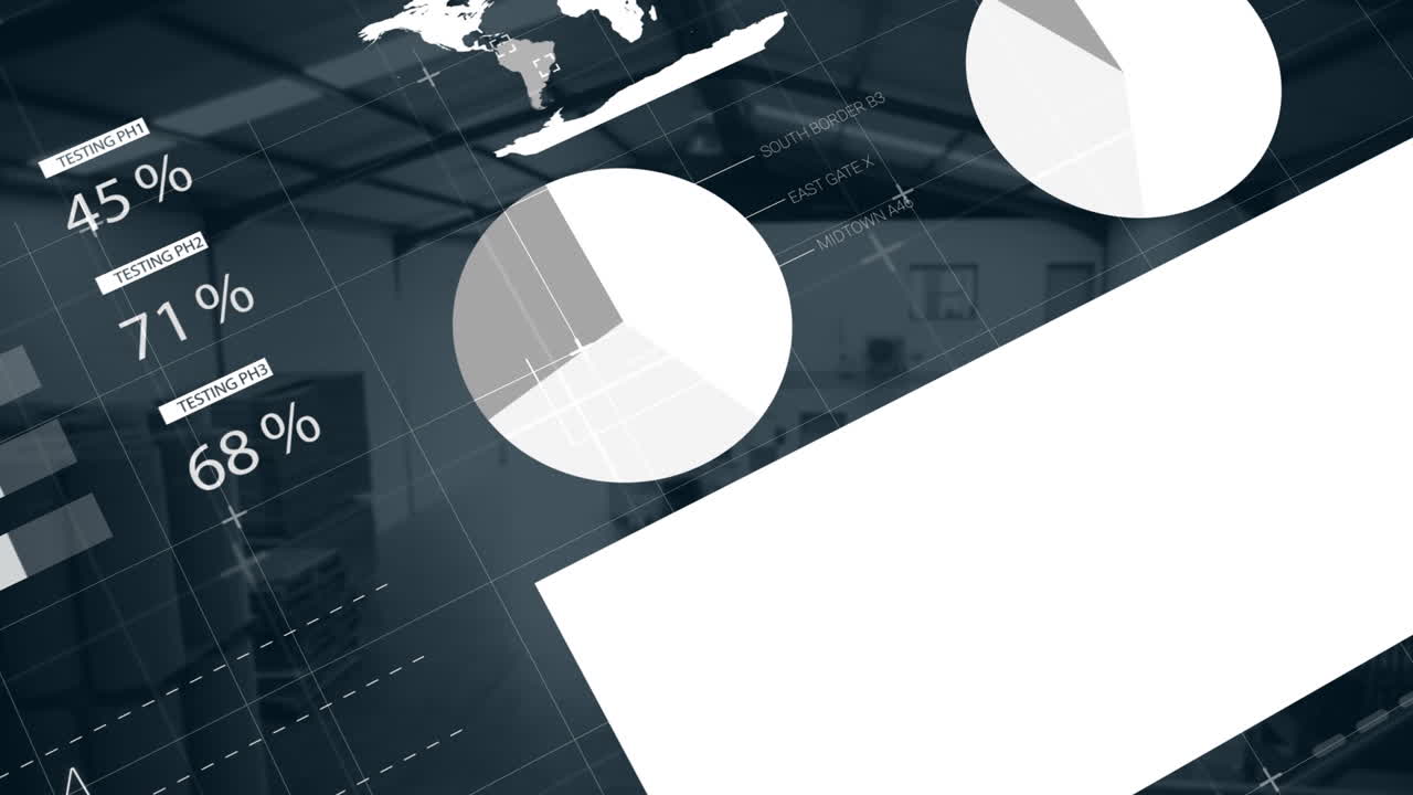 Animazione di dati finanziari con grafici e diagrammi su interfaccia digitale, su sfondo di interni d'ufficio.