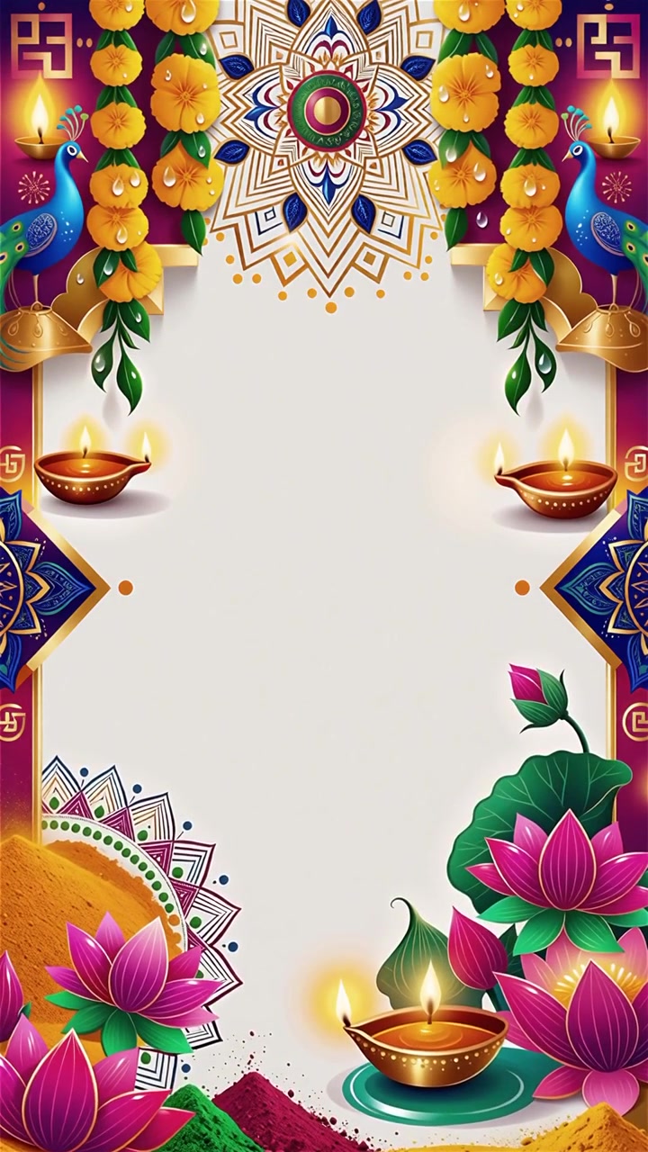 Sfondo Diwali con Diyas luminosi, Rangoli e fiori di loto