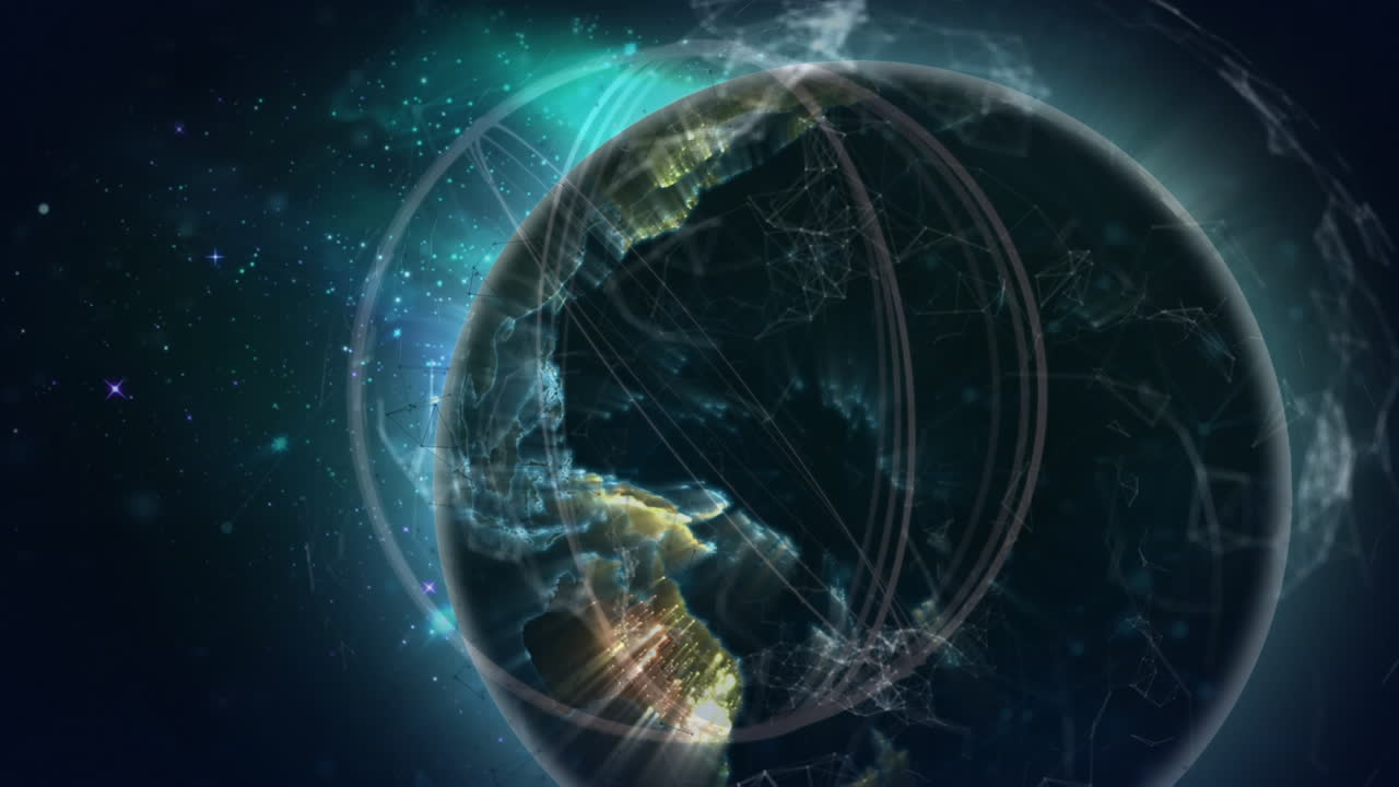 지구를 가로질러 움직이는 원과 연결 네트워크의 애니메이션