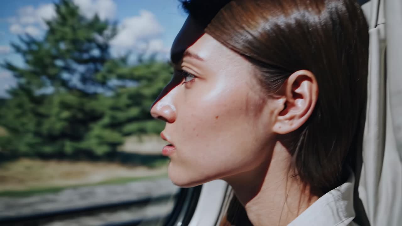 Profile of a person gazing out a window, sunlight highlighting their face, with a serene outdoor