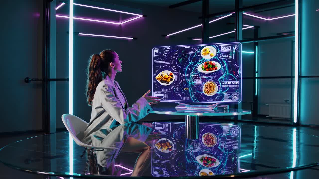 Woman using futuristic interactive food ordering system