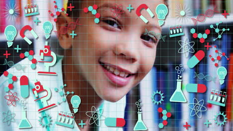 animation of science icons over african american schoolboy in library