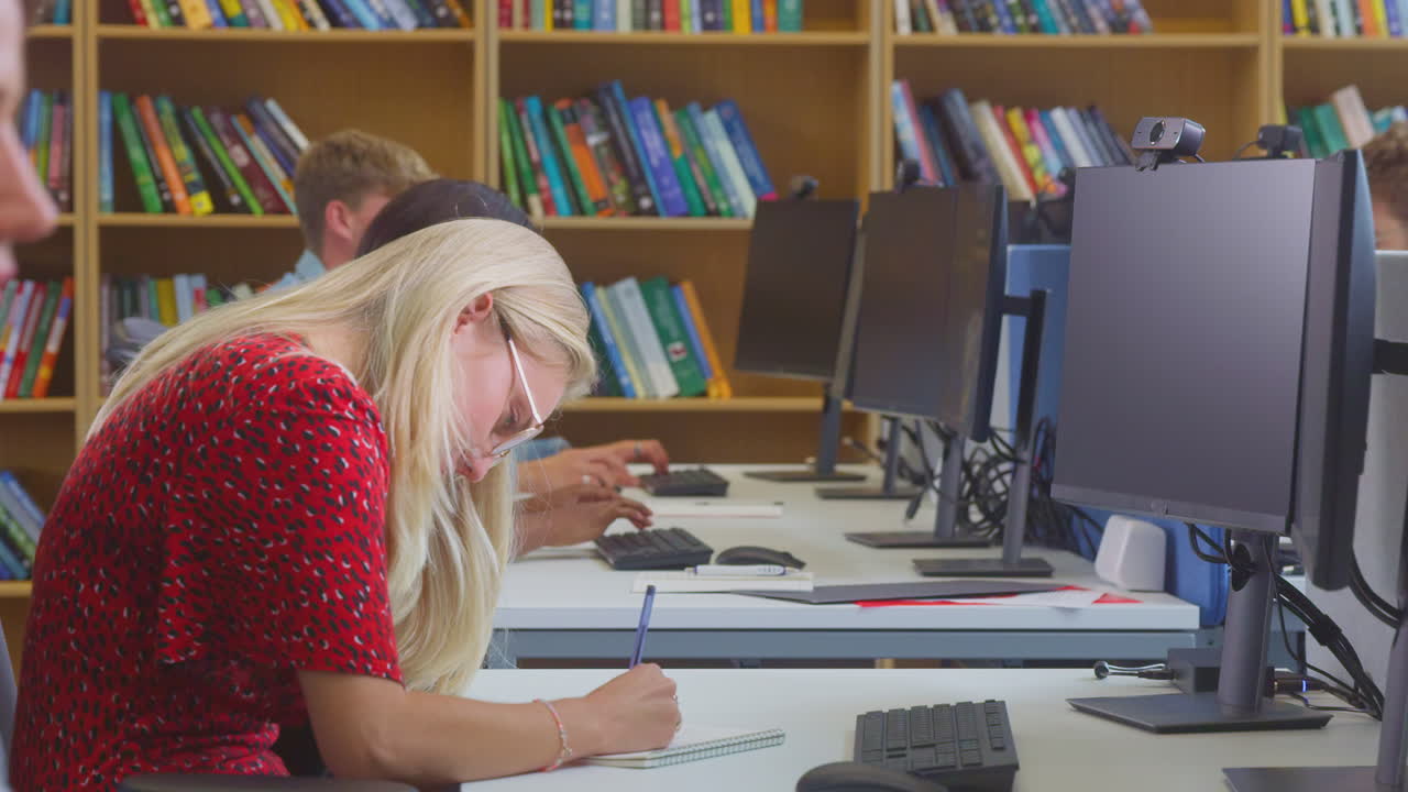 Female University Or College Student Working At Computer In Library Being Helped By Tutor