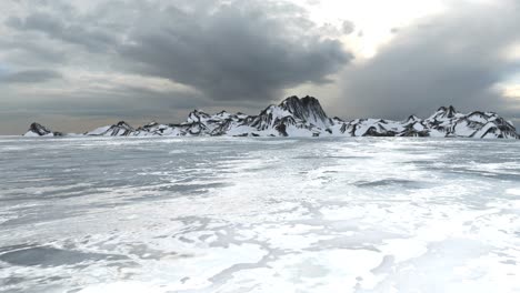 snowy mountain landscape under a stormy sky