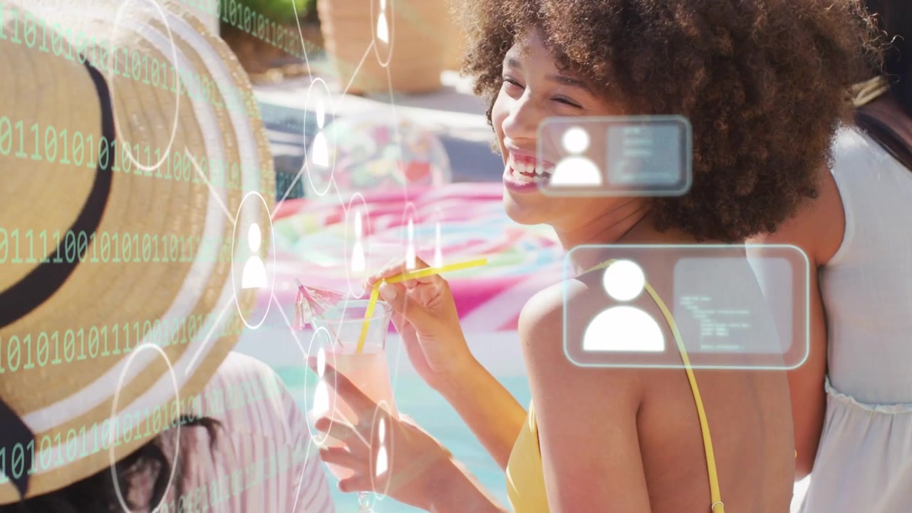 Woman adjusting straw and turning toward friends, socializing and sparking social tech HUD overlays