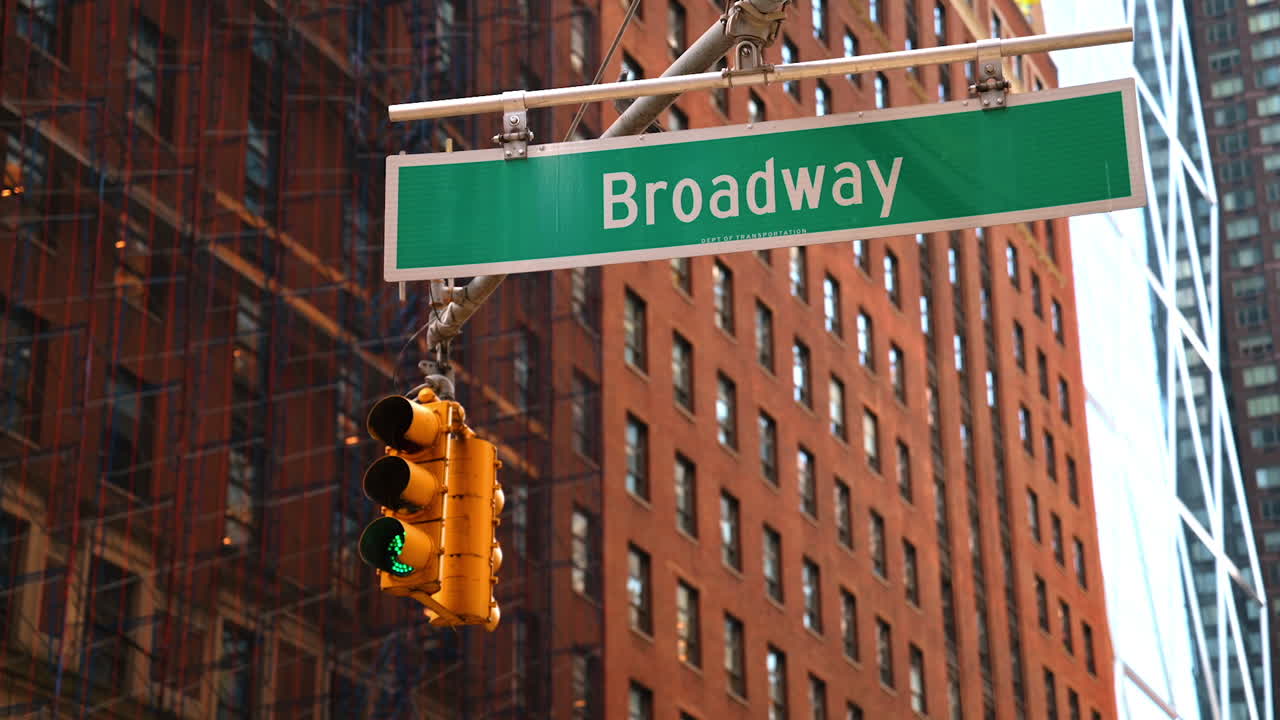 Broadway street sign with buildings in New York