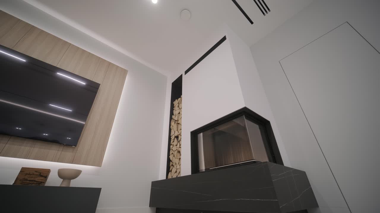 Sleek living room with a modern fireplace, wood accents, and sophisticated black and white decor