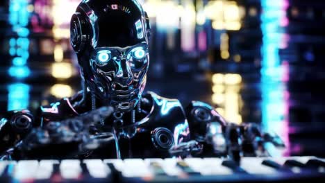 A robot with glowing eyes skillfully plays a keyboard in a colorful neon environment. The atmosphere is lively with vibrant lights enhancing the captivating performance.