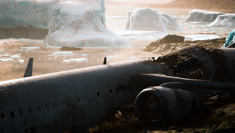 old broken plane on the beach of iceland