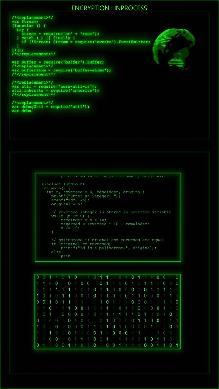 Sfondo schermo con codice di crittografia verde, blocchi di programmazione a pannello binario, testo luminoso e atmosfera scura.