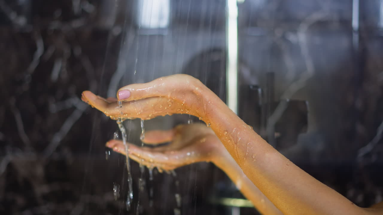 mujer sostiene las manos con una manicura limpia bajo el agua corriente