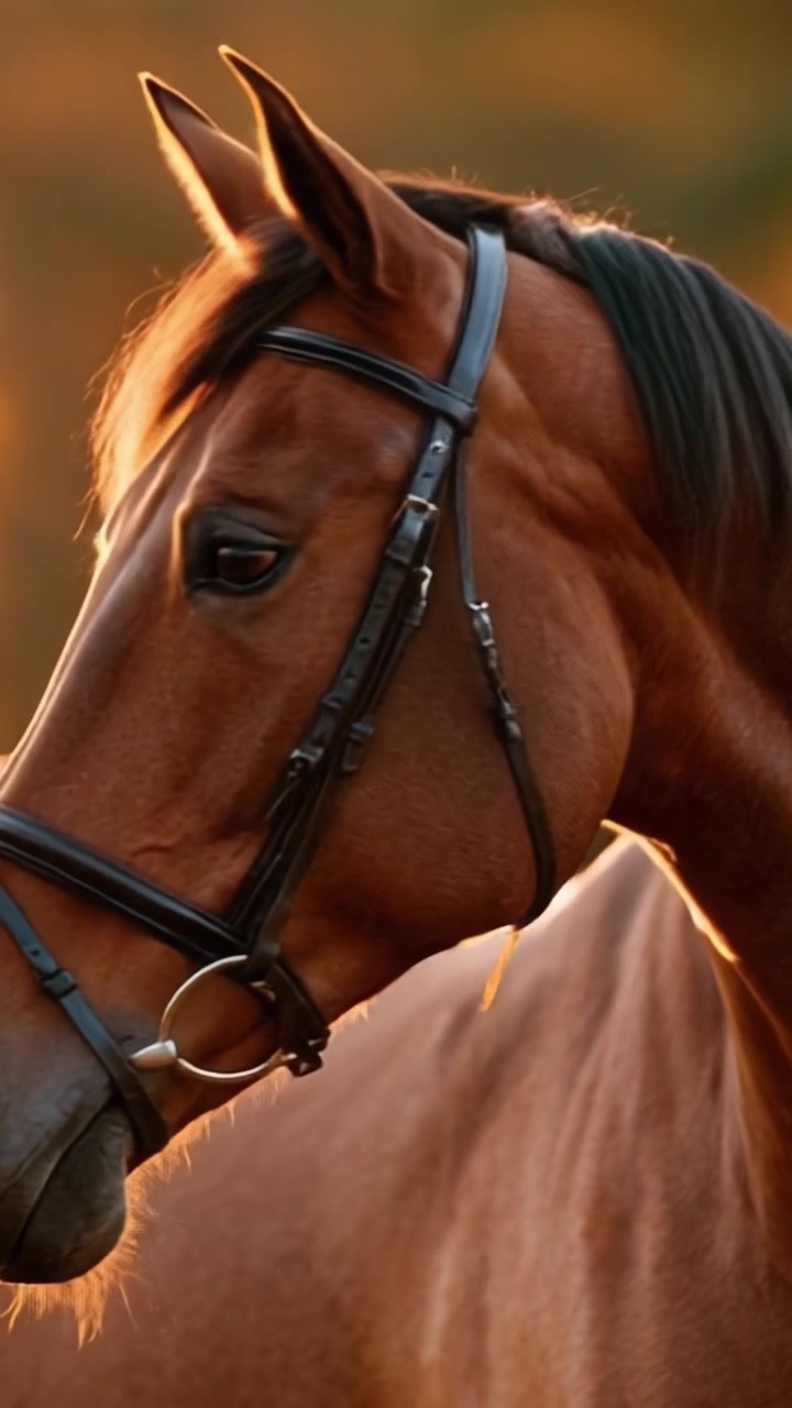 Un majestuoso caballo marrón con luz natural capturado en dos impresionantes tomas que muestran su elegancia y belleza contra un cálido fondo de atardecer