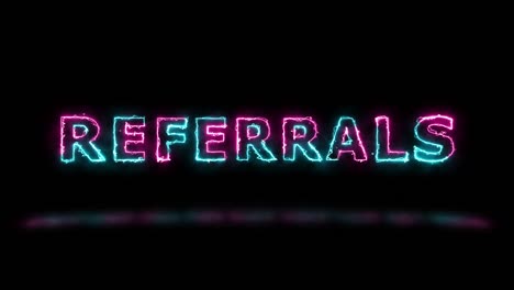 'referrals' pink and green energy border lines title animation with reflection on a floor. simple seamless loop animated text. 4k typography motion graphic