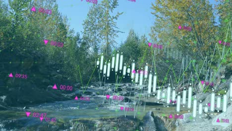 animation of data processing against landscape with trees and river