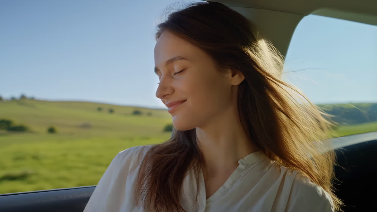 Young woman enjoying the breeze and sun during a car journey