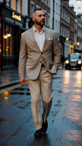 man in a beige suit walking down a london street