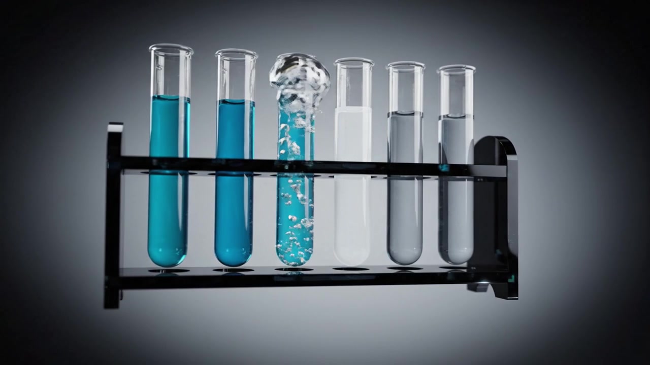 Un confronto di soluzioni liquide in provette che mostrano colori e chiarezza variabili, illustrando reazioni chimiche in un ambiente di laboratorio con tonalità vivaci