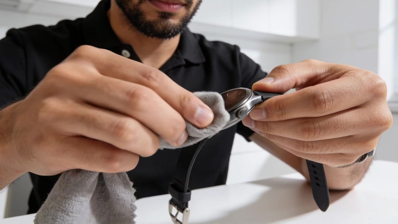 Un uomo in polo nera, con un panno in microfibra grigio, pulisce un orologio da polso su un tavolo bianco per l'ispezione.