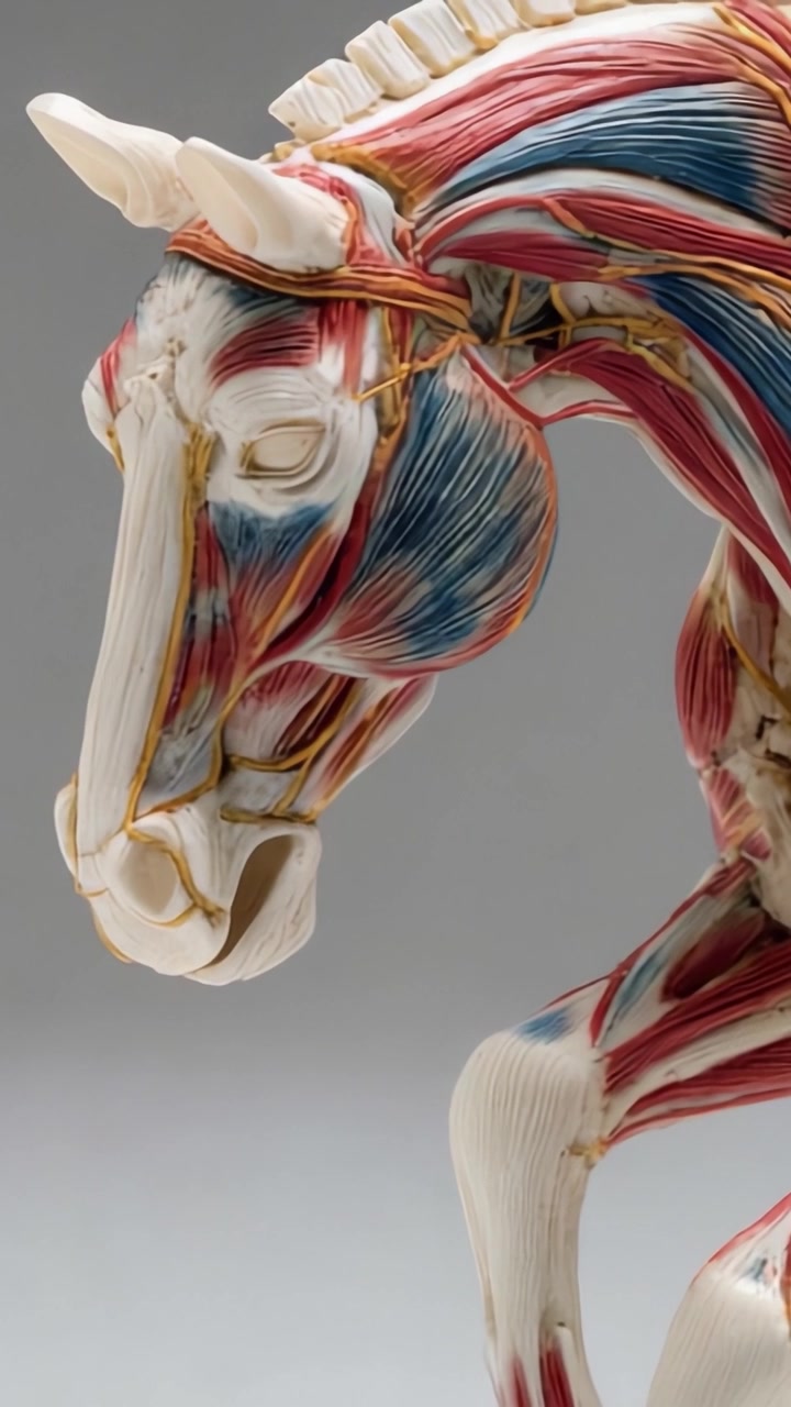Intricata Scultura Anatomica di un Cavallo che Mostra la Struttura Muscolare e Scheletrica, Evidenziando Caratteristiche Dettagliate e Maestria Artistica nell'Educazione Veterinaria