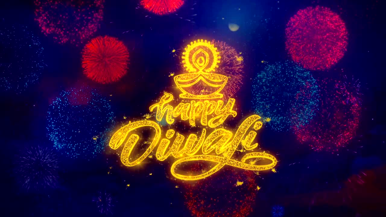 Shubh Diwali 3 Firework Text Greeting Text Sparkle Particles on Colored Fireworks
