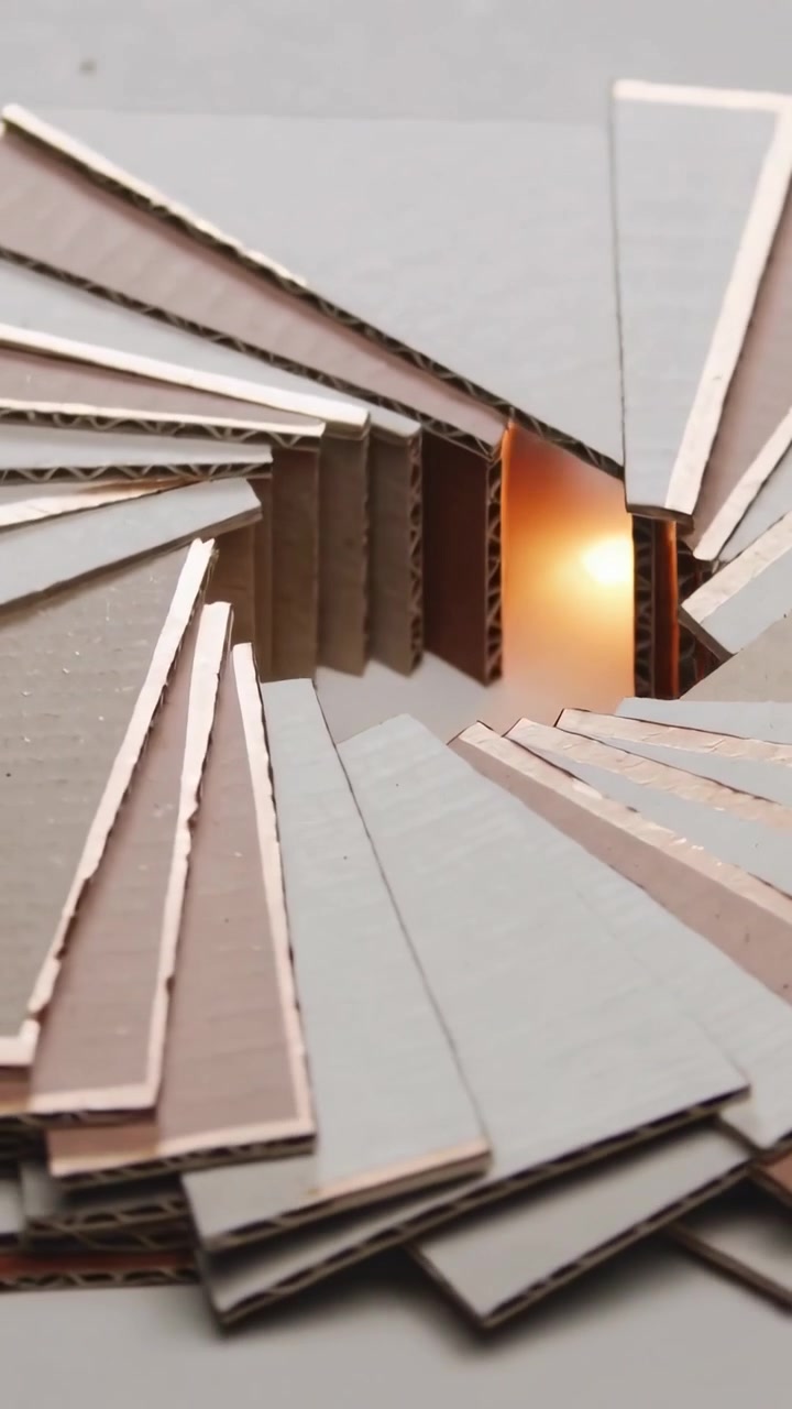 Vertical video: Pulling camera back on tabletop to reveal cardboard spiral with warm LED cavity