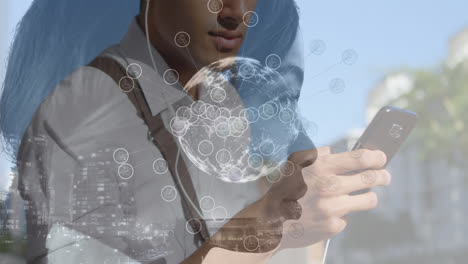 animation of cityscape and biracial woman over caucasian businessman using smartphone