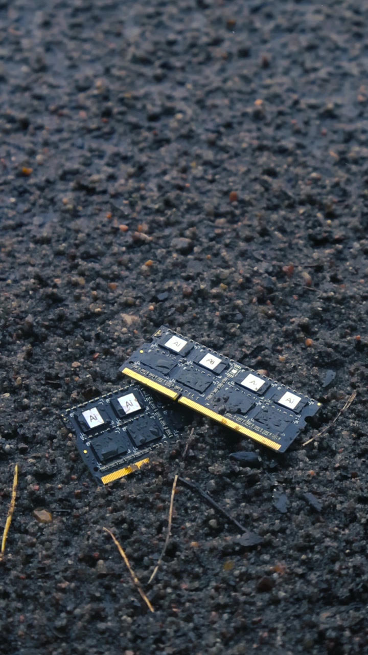 AI computer chips and RAM memory modules lying on wet ground during rainfall, conceptualizing technology's vulnerability to environmental elements and the impact of nature on innovation