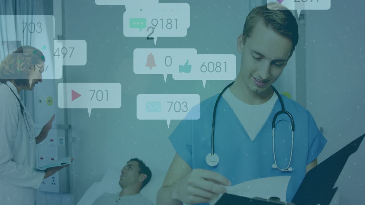 Medical nurse flipping chart writing notes causing icons floating around doctor explaining findings