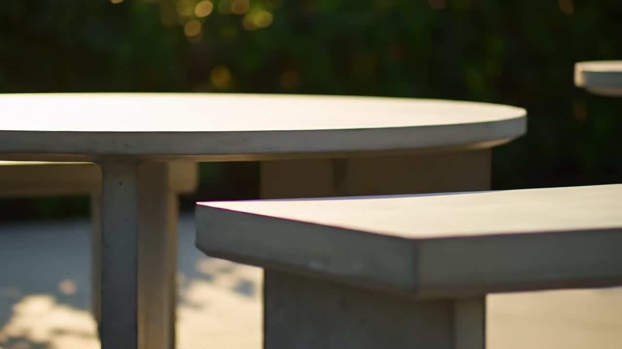 A Modern Concrete Table Set: A Stylish Outdoor Dining Experience Surrounded by Lush Greenery, Perfect for Relaxing and Entertaining Friends or Family in Nature