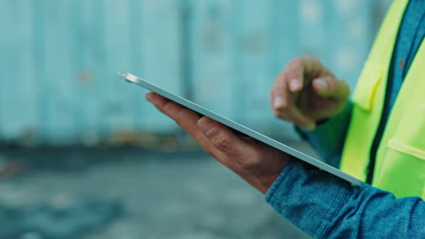 construction worker using tablet on construction site