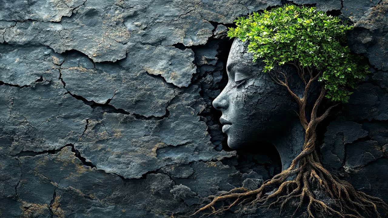 Nature merging with human face design. A tranquil stone and tree face embodies nature and art, showcasing harmony with the environment