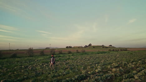 farm, agriculture and drone of person walking