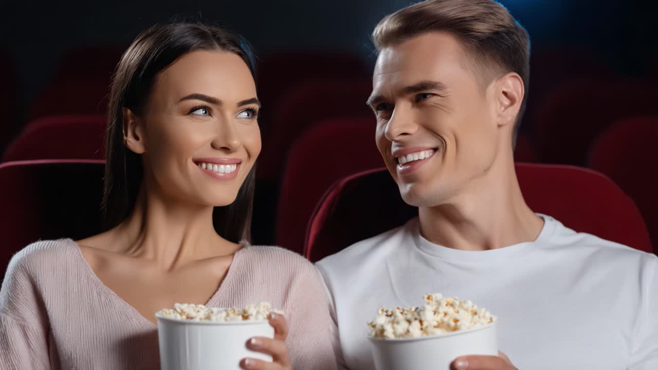 A Romantic Movie Night: A Couple Enjoying Popcorn Together in a Cinema Atmosphere, Capturing Moments of Joy and Connection in Their Shared Experience