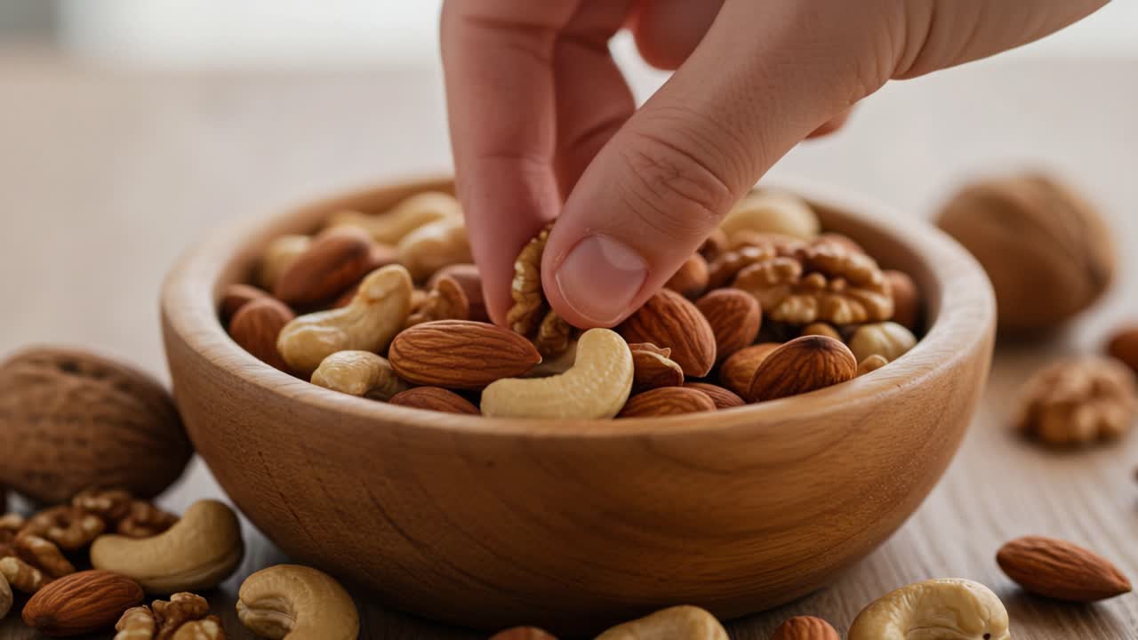 Noci scelte a mano da una ciotola: primo piano di opzioni snack salutari con frutta secca mista, tra cui mandorle, anacardi e noci in un contenitore di legno